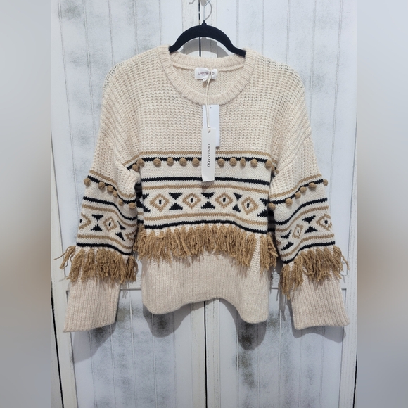 Nwt DRIFTWOOD Tasseled Geo-Print Dropped-Shoulder Tan Fringed Sweater Small - Picture 2 of 7